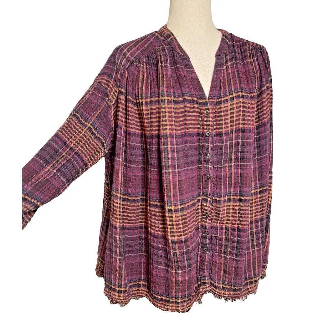 Free People Come On Over Oversized Plaid Button Top Blouse Pleated Sz S MSRP $98